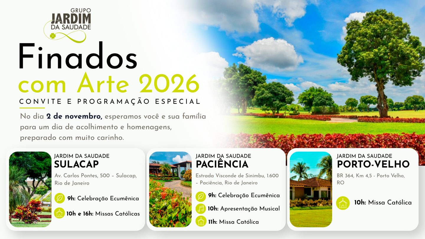imagem escrito jardim da saudade num gramado com bandeiras acima