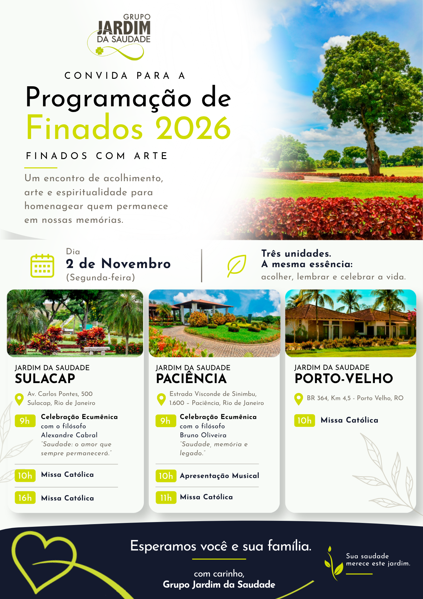 imagem escrito jardim da saudade num gramado com bandeiras acima